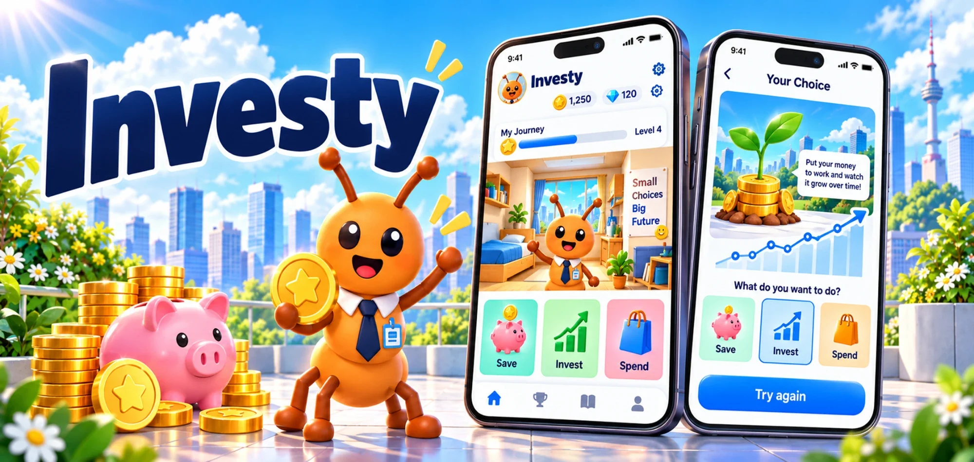 Investy 콘셉트 이미지. 금화를 든 개미와 저금통, Save, Invest, Spend 중 하나를 고르는 휴대폰 화면 두 개.